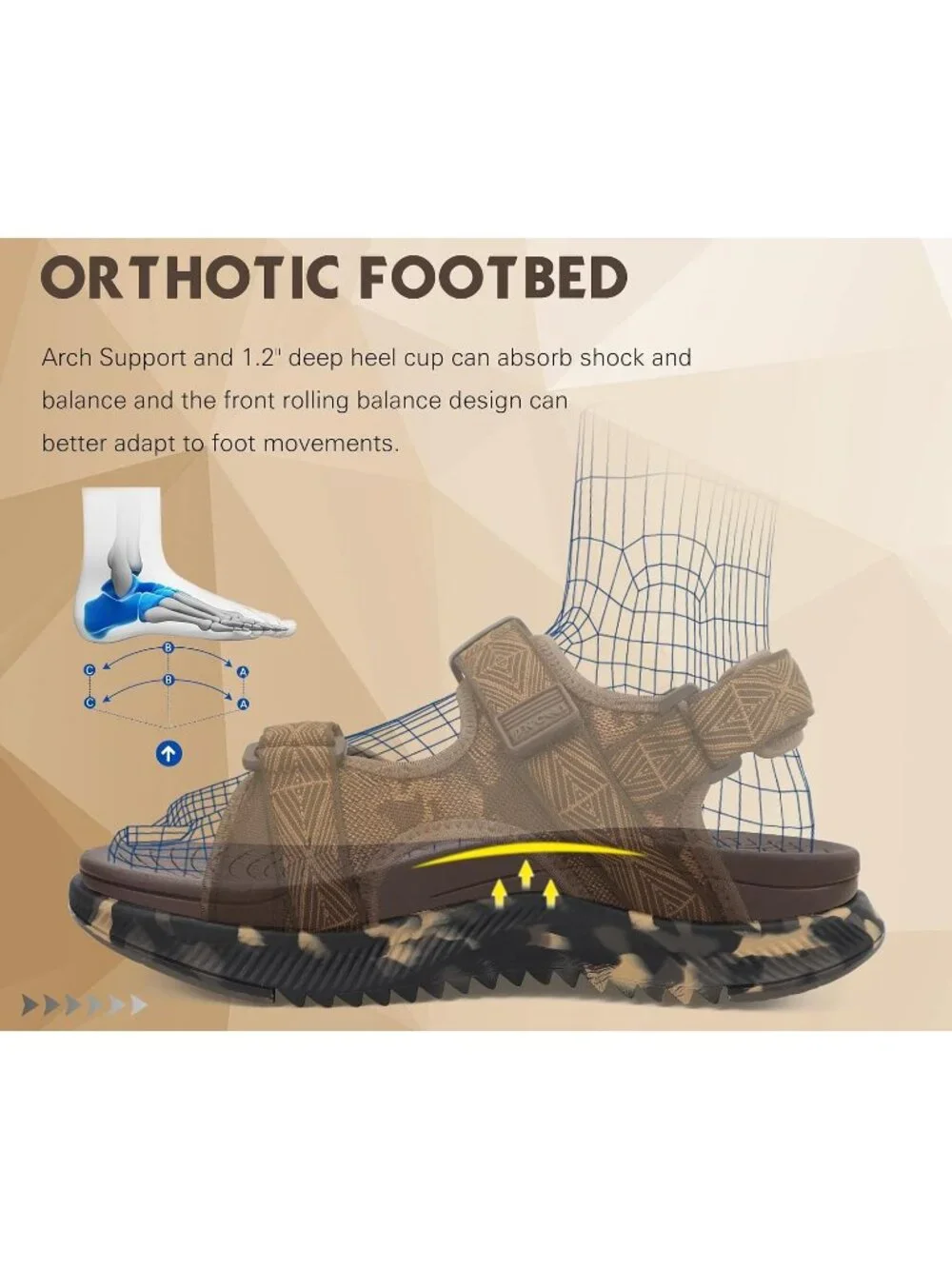 Mens Brown Camo Orthopedic Recovery Camouflage Mesh Athletic Hiking Sandal Shoes